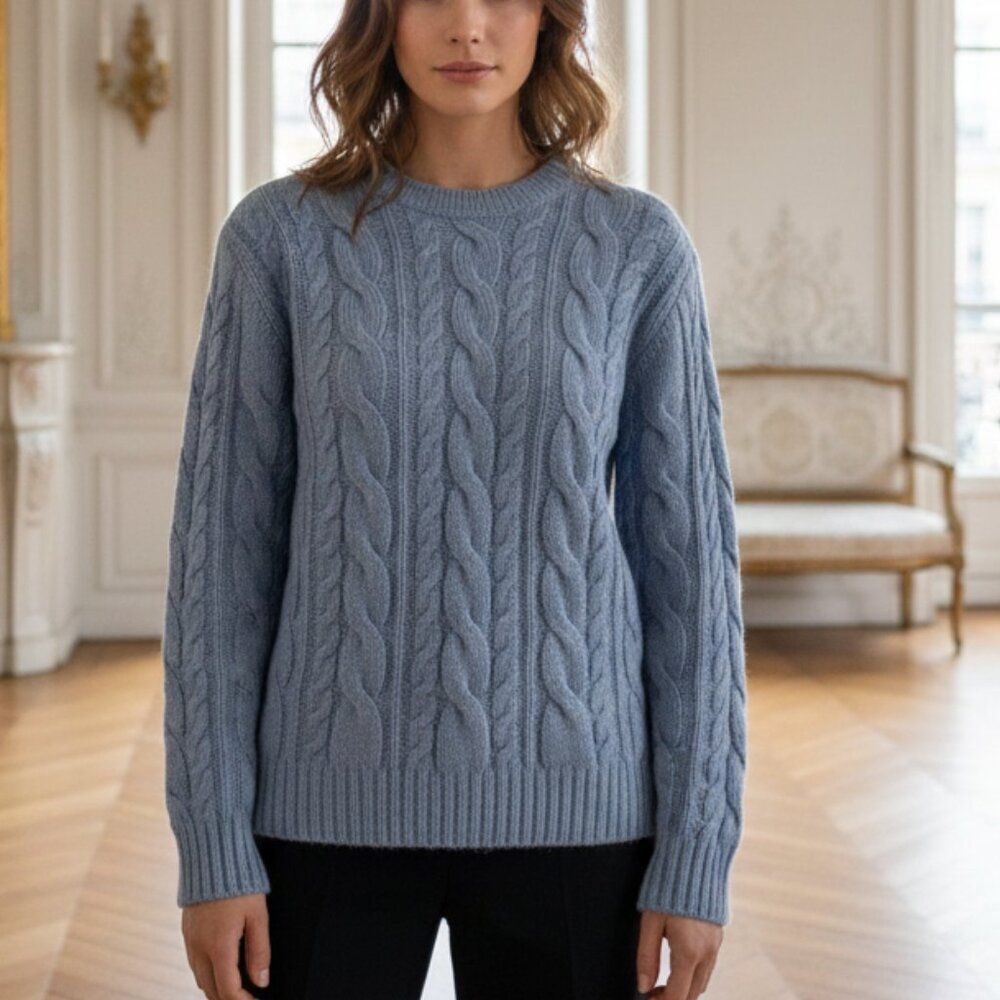 Gap Blue Lambswool Blend Cable Knit Sweater XS - Oversized Chunky Scoop Neck